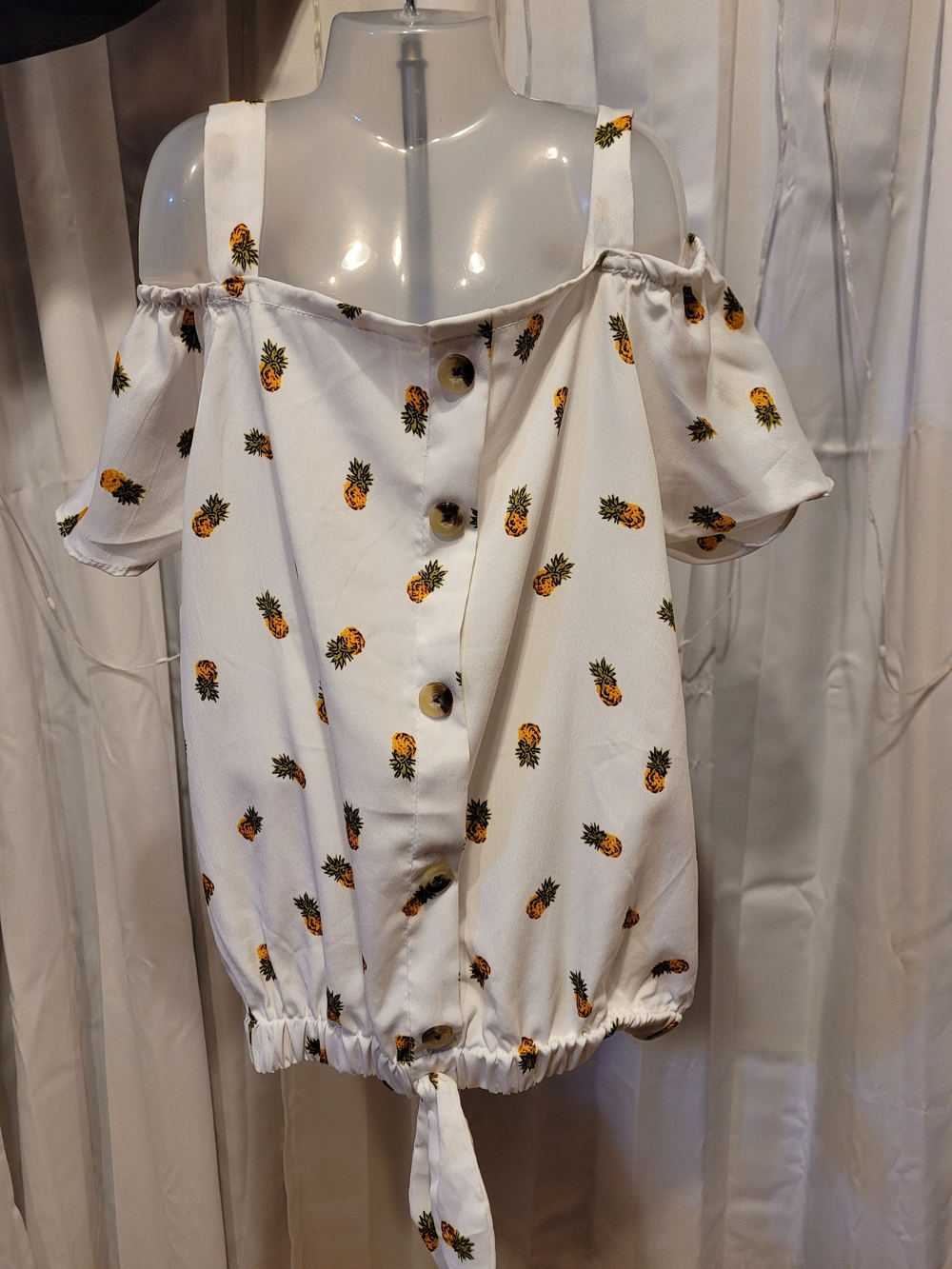 Girls White Pineapple Print Cold-Shoulder Top